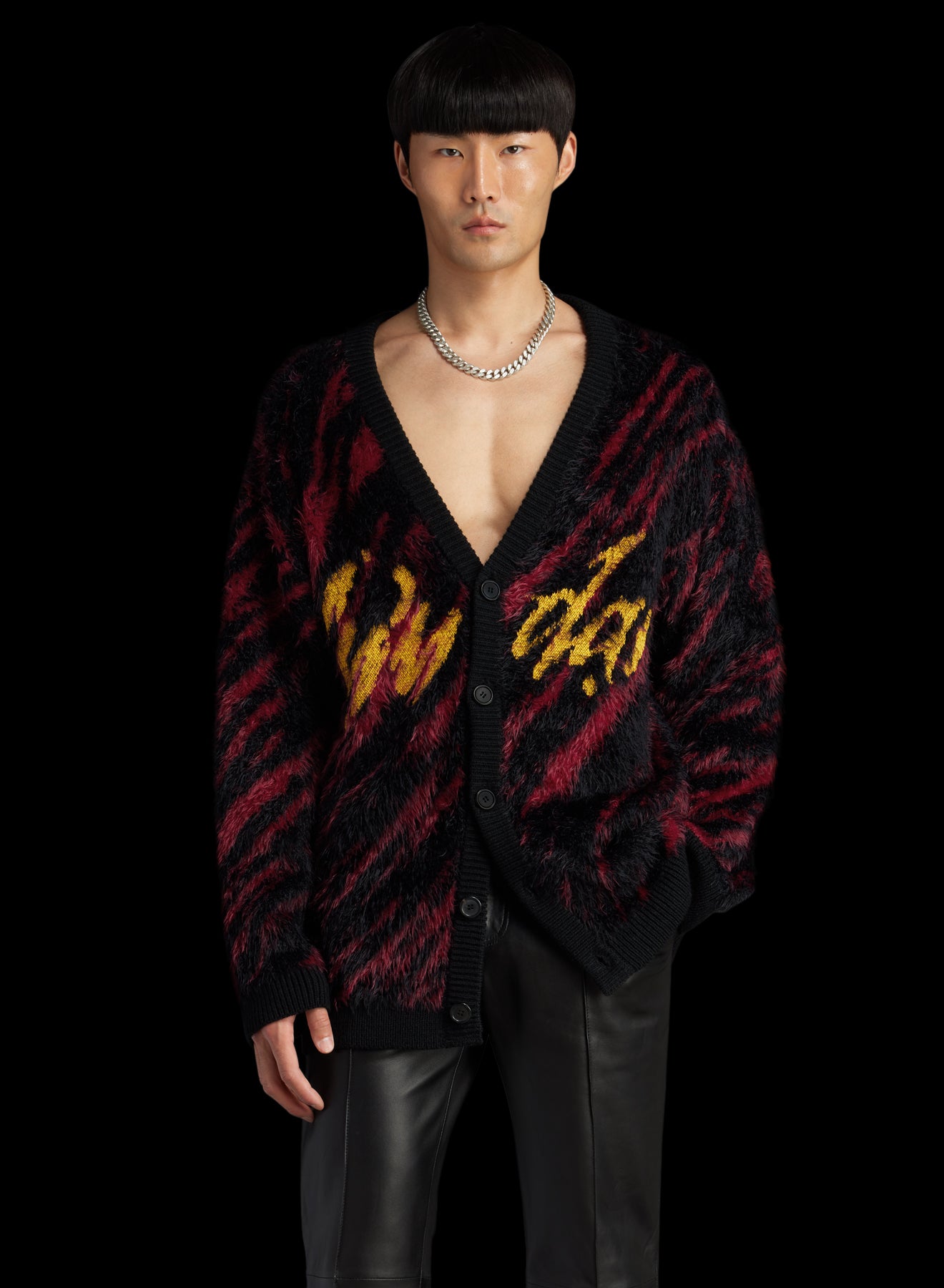 LU'U DAN - BLACK / RED KNIT OVERSIZED MOHAIR JACQUARD CARDIGAN