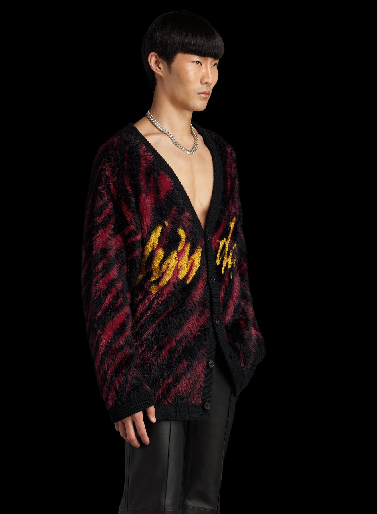 LU'U DAN - BLACK / RED KNIT OVERSIZED MOHAIR JACQUARD CARDIGAN