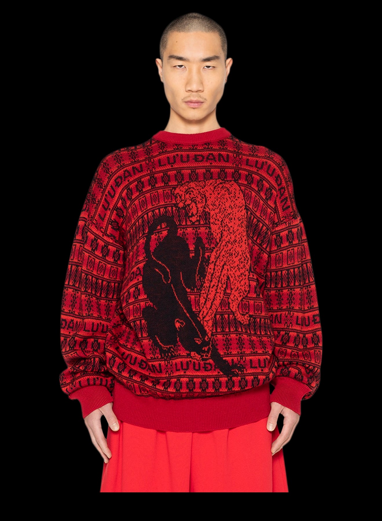 LU'U DAN - Red Knit Oversized Tiger Jaquard Jumper